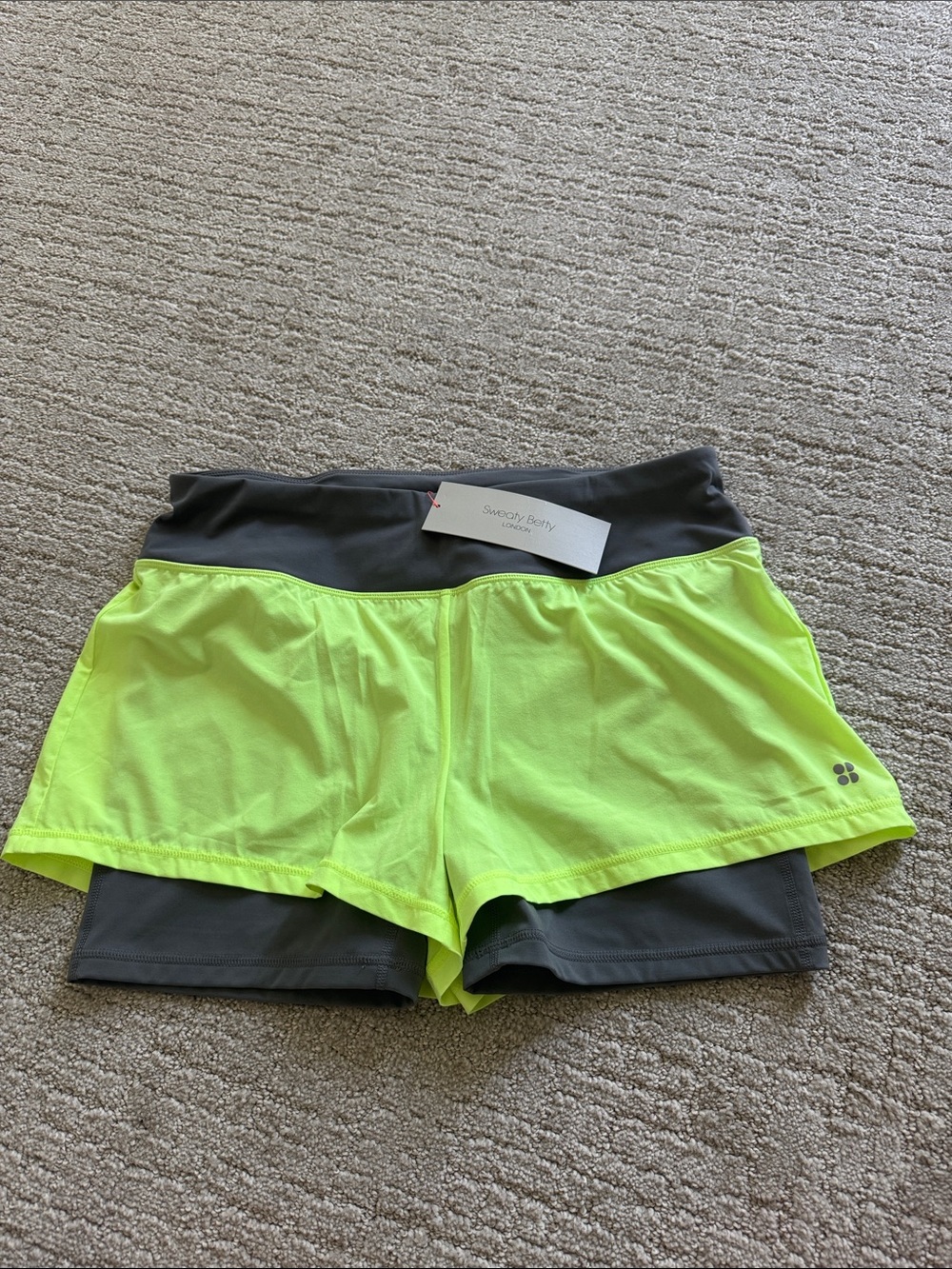 Sweaty Betty Challenge Run 2-in-1 Shorts Neon Yellow Gray Size Medium NWT